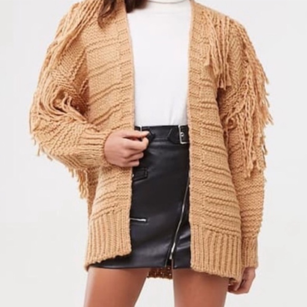 Forever 21 Tan Boho Fringe‎ Oversized Open Chunky Knit Cardigan Sweater S